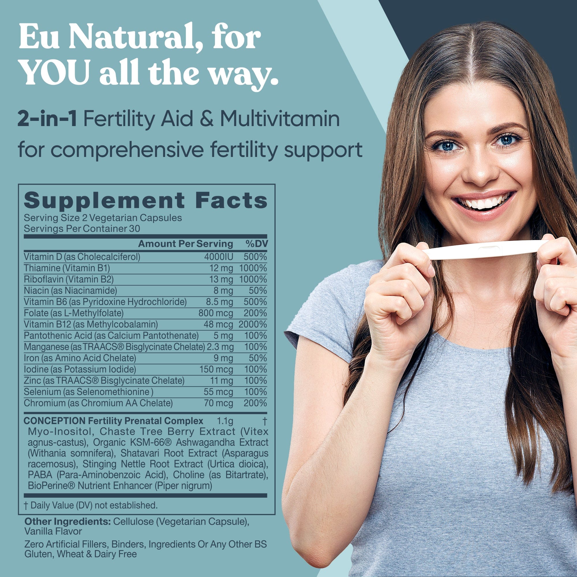 A woman smiling while holding a pregnancy test, next to fertility aid and multivitamin supplement facts.