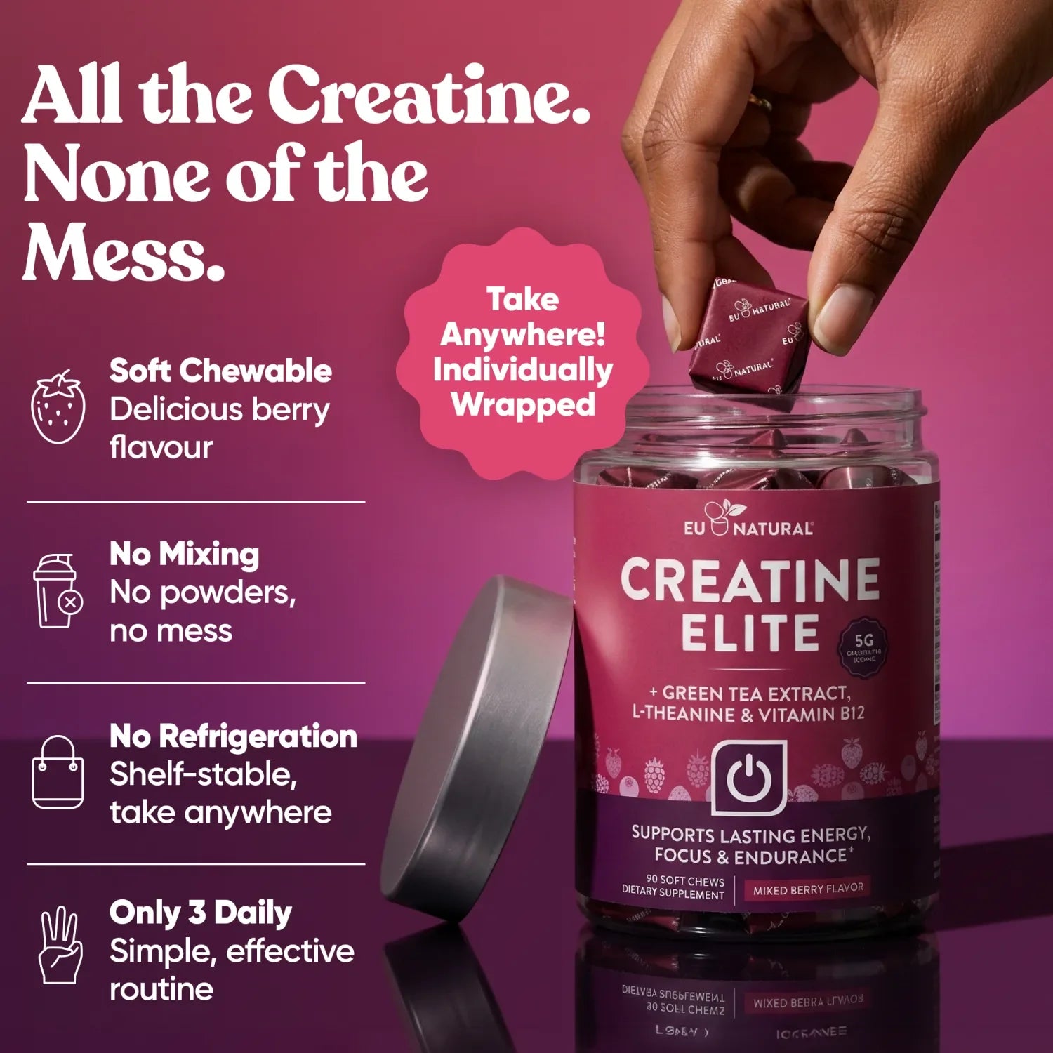 Creatine Elite soft chew being taken from the jar without mixing powder