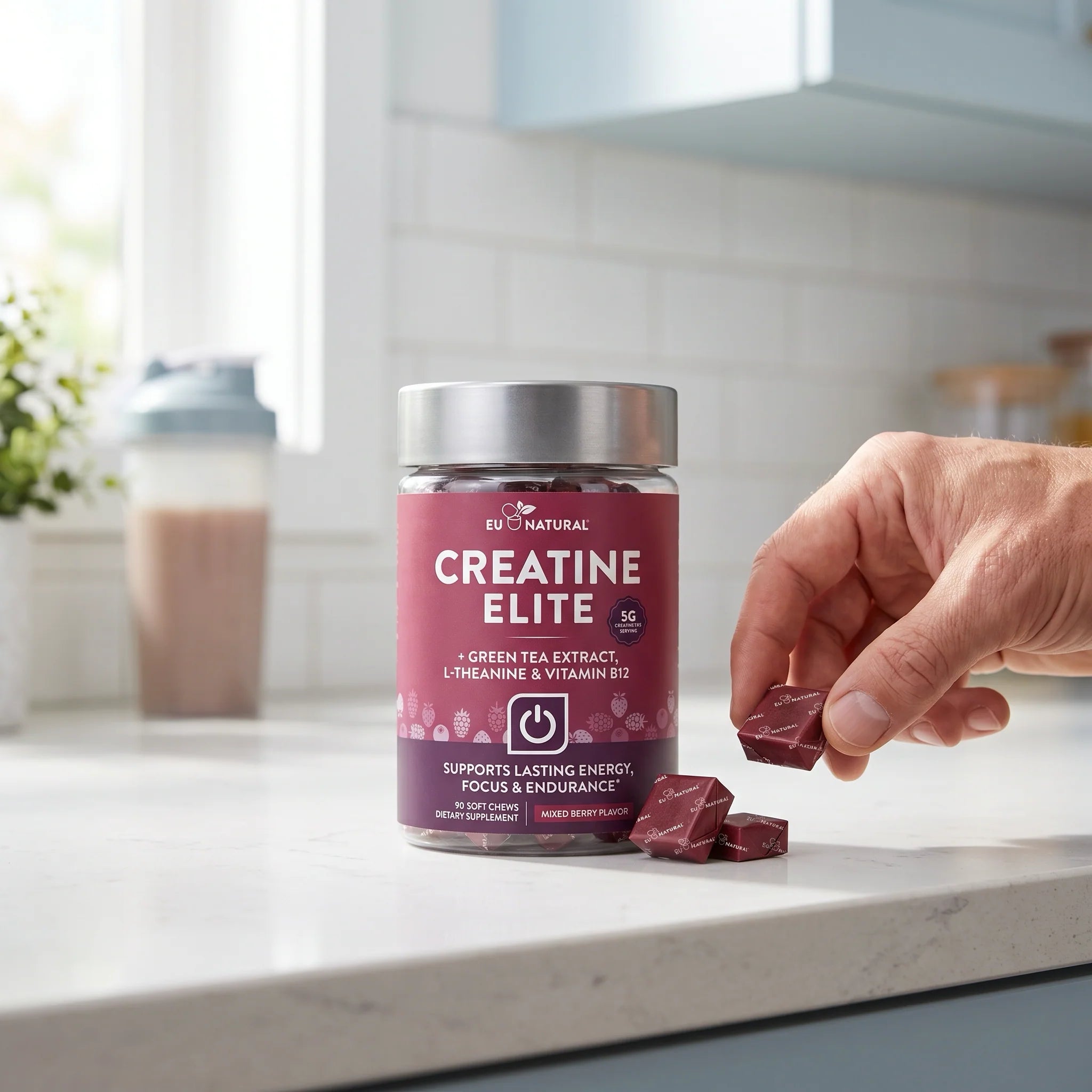 Creatine Elite Soft Chews bottle and individually wrapped chews in a daily routine
